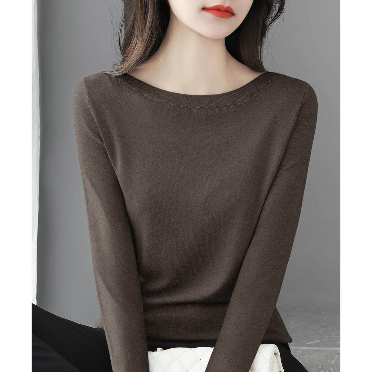 秋冬新款内搭长袖一字领肩针织衫薄款设计感修身显瘦打底衫上衣女,淘宝优惠券,粉丝福利购,淘宝优惠卷