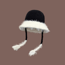 Yang Purple with Mao Line hat Childrens winter style Black and white Hit Color Braid Knit Students Warm Protective Ear Plush Fisherman Hat