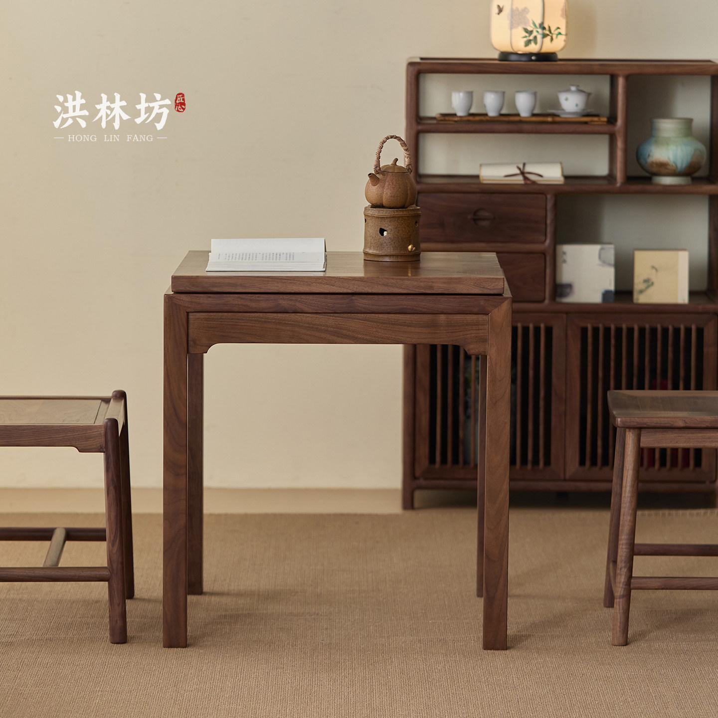 洪林坊阳台推拉茶桌全实木新中式家用泡茶台茶几桌椅组合黑胡桃木,淘宝优惠券,粉丝福利购,淘宝优惠卷