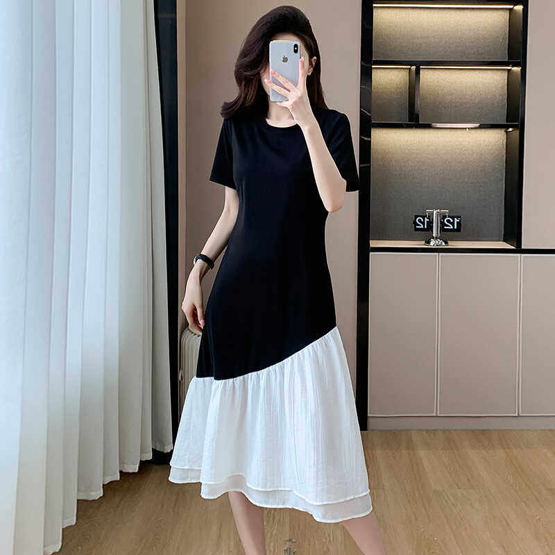 夏季休闲宽松显瘦大码连衣裙女2024新款韩版中长款拼接气质T恤裙,淘宝优惠券,粉丝福利购,淘宝优惠卷