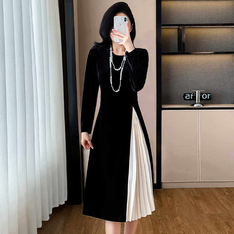 2024秋冬新款打底 丝绒拼接皱褶中长款大码连衣裙女,淘宝优惠券,粉丝福利购,淘宝优惠卷