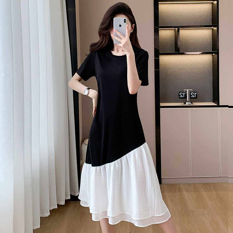 夏季休闲宽松显瘦大码连衣裙女2024新款韩版中长款拼接气质T恤裙,淘宝优惠券,粉丝福利购,淘宝优惠卷