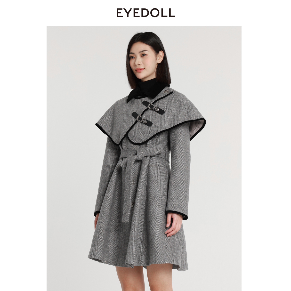 EYEDOLL【商场同款】冬季新款通勤文艺收腰中长款斗篷毛呢大衣