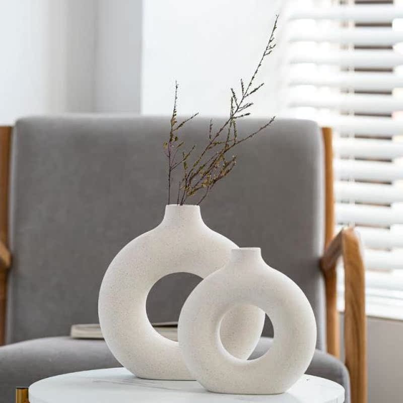 Nordic Circular Hollow Ceramic Vase Donuts Flower Pot Home D - 图0