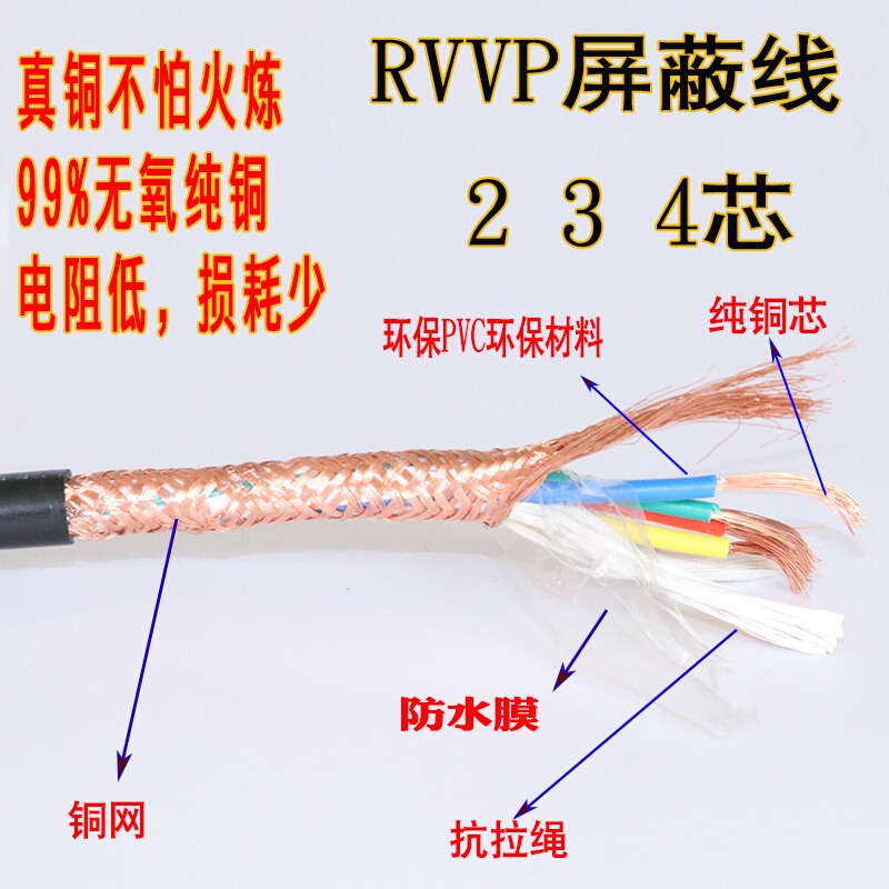 电线RVVP屏蔽线国标黑色铜电缆铜芯信号线2芯0.5/1/1.5平方毫米-图0