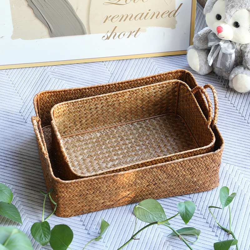 浦澜藤草编日式桌面收纳篮格仔柜整理篮茶几零食收纳筐编织篮子,淘宝优惠券,粉丝福利购,淘宝优惠卷