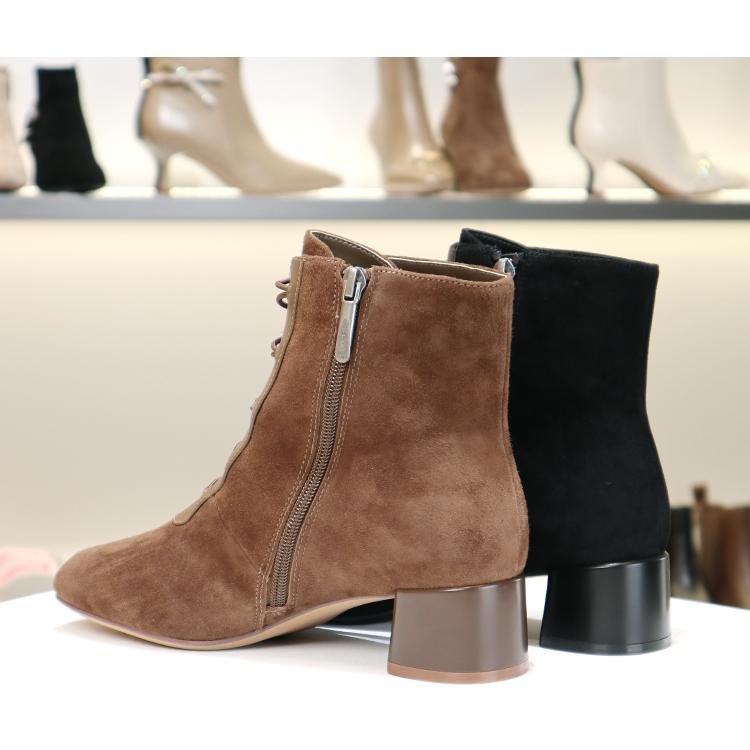 特价 千百度2025粗跟羊皮短靴侧拉链通勤时装靴女A24584103B01B02 - 图1