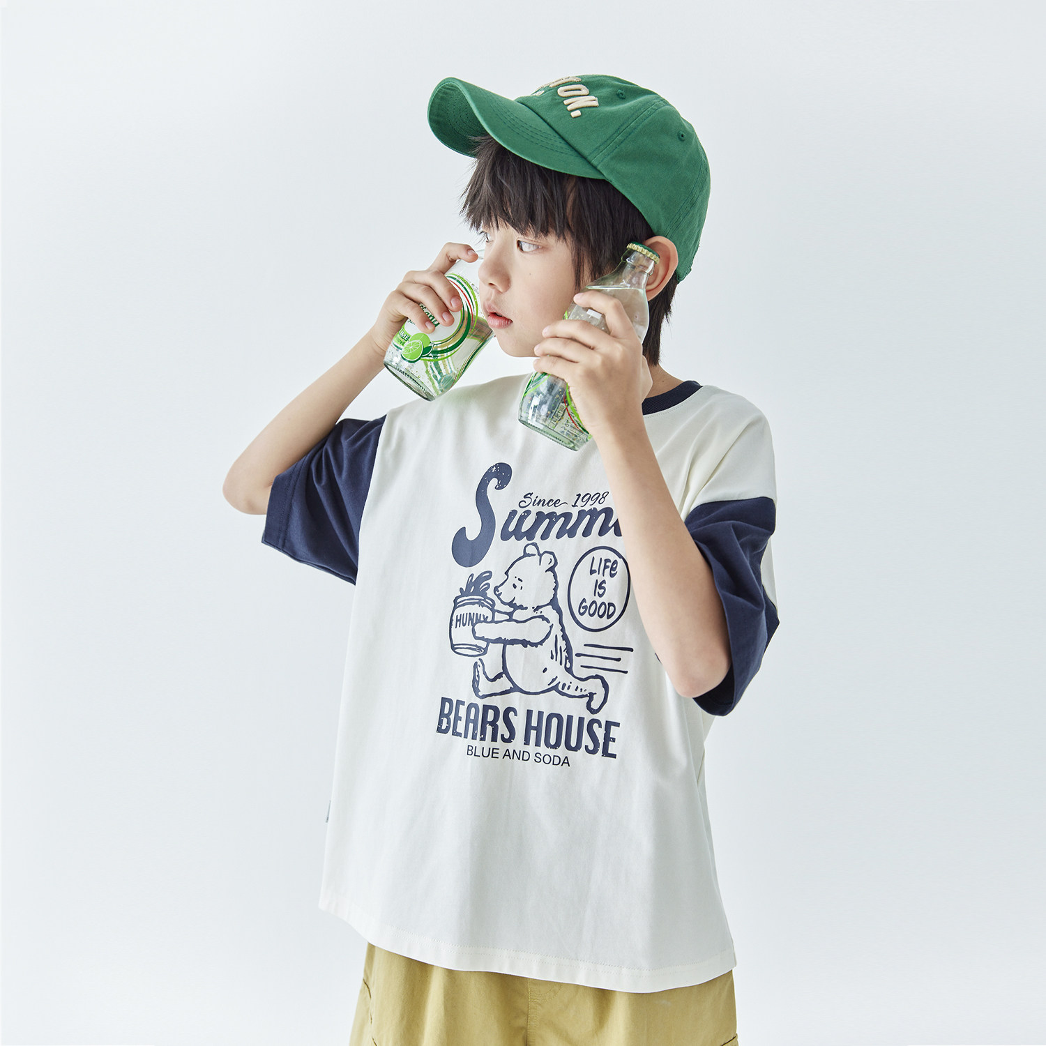 蓝汽水25夏新品男童拼色圆领T恤中大童字母印花短袖儿童全棉上衣,淘宝优惠券,粉丝福利购,淘宝优惠卷