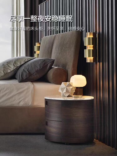 POLIFORM ONDA意式床头柜实木圆形设计师烟熏色大理石极简卧室柜 - 图2