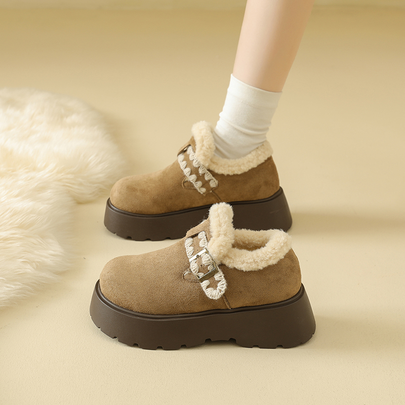 加绒厚底全包勃肯鞋女2025新款冬季小个子增高毛毛棉鞋雪地靴34码 - 图1