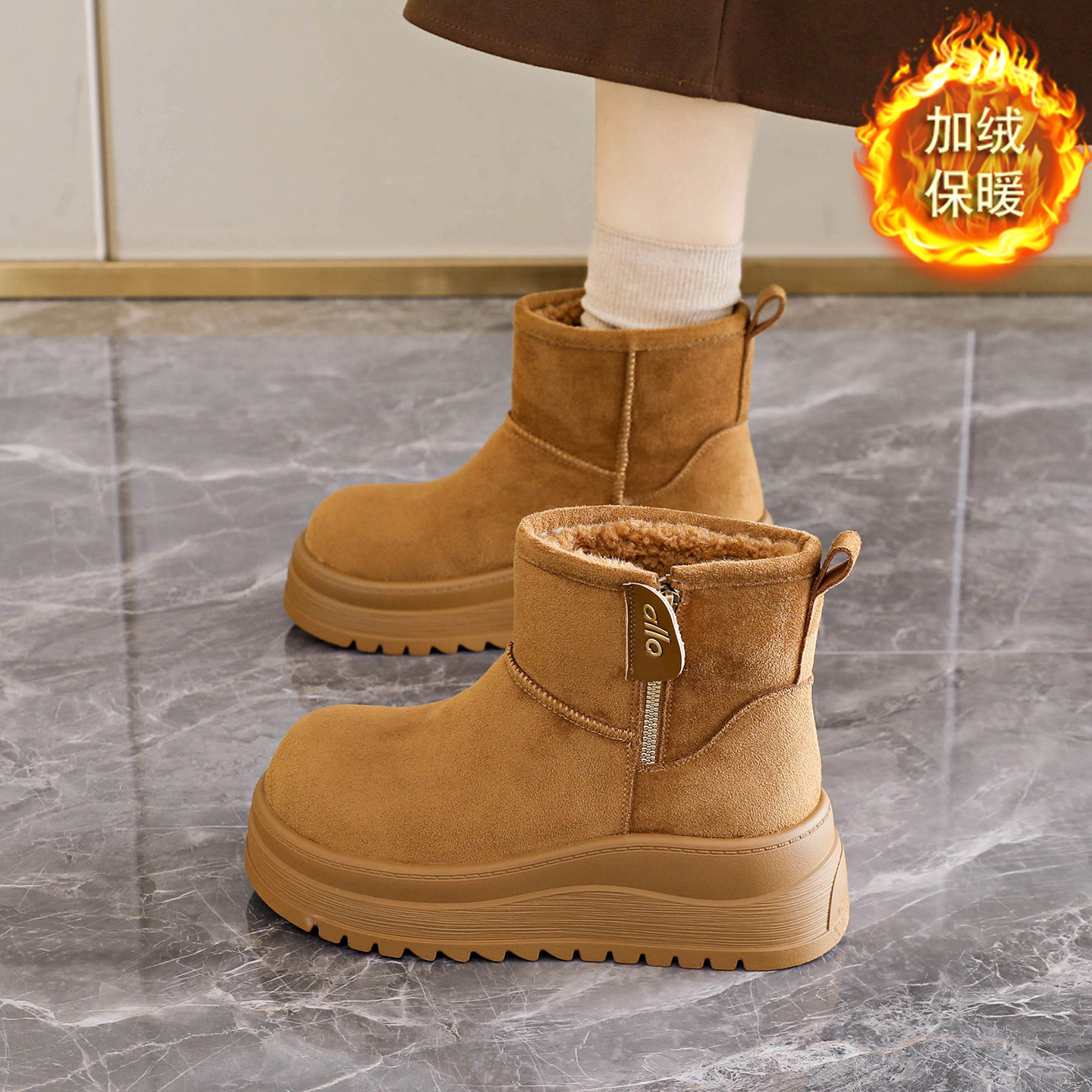 皮毛一体厚底雪地靴女2025新款冬季加绒防滑东北棉鞋面包短靴34码 - 图0