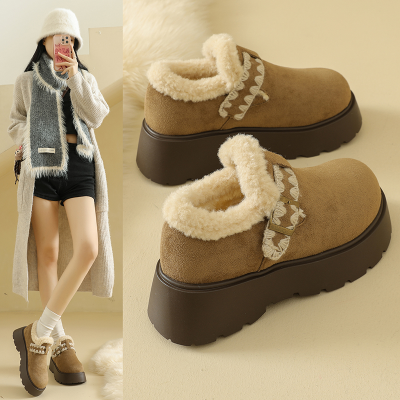加绒厚底全包勃肯鞋女2025新款冬季小个子增高毛毛棉鞋雪地靴34码 - 图0