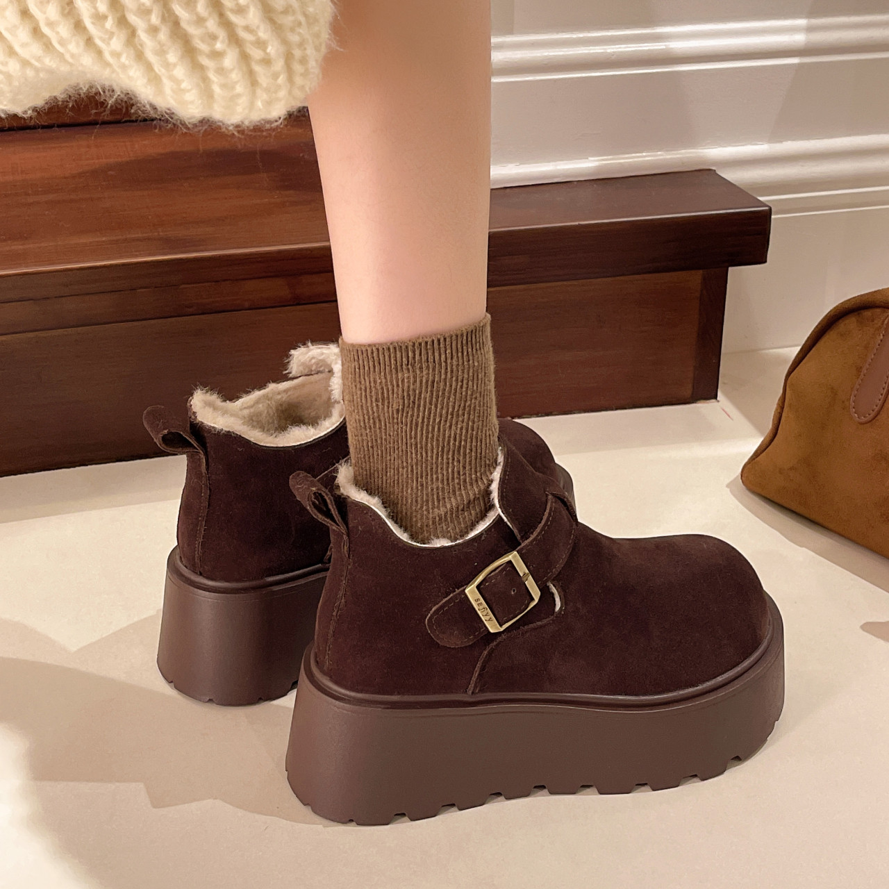 松糕厚底增高勃肯鞋女2025冬季加绒乐福鞋毛毛高帮棉鞋34码雪地靴,淘宝优惠券,粉丝福利购,淘宝优惠卷