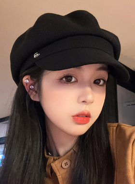春秋小标黑色八角帽女气质百搭英伦风鸭舌报童帽显脸小画家贝雷帽