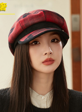 春秋新款彩色格子八角帽女韩国文艺减龄贝雷帽英伦复古毛呢报童帽