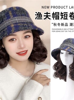 秋冬女士帽子带假发一体时尚中老年妈妈卷发加厚渔夫帽老太太白发