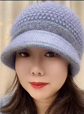冬季妈妈帽松鼠绒帽檐双层加厚彩线护耳帽女士包头针织保暖防风帽