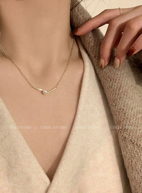 单颗珍珠吊坠金色项链女