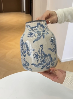 青花瓷冰裂纹花瓶中式复古陶瓷水培插花瓶轻奢高级感客厅玄关摆件