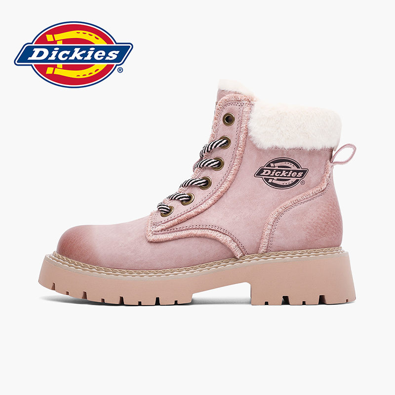 Dickies雪地靴女2024年冬季新款棉鞋加绒保暖马丁靴女粉色短靴子