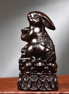 木雕十二生肖兔摆件实木兔子三合