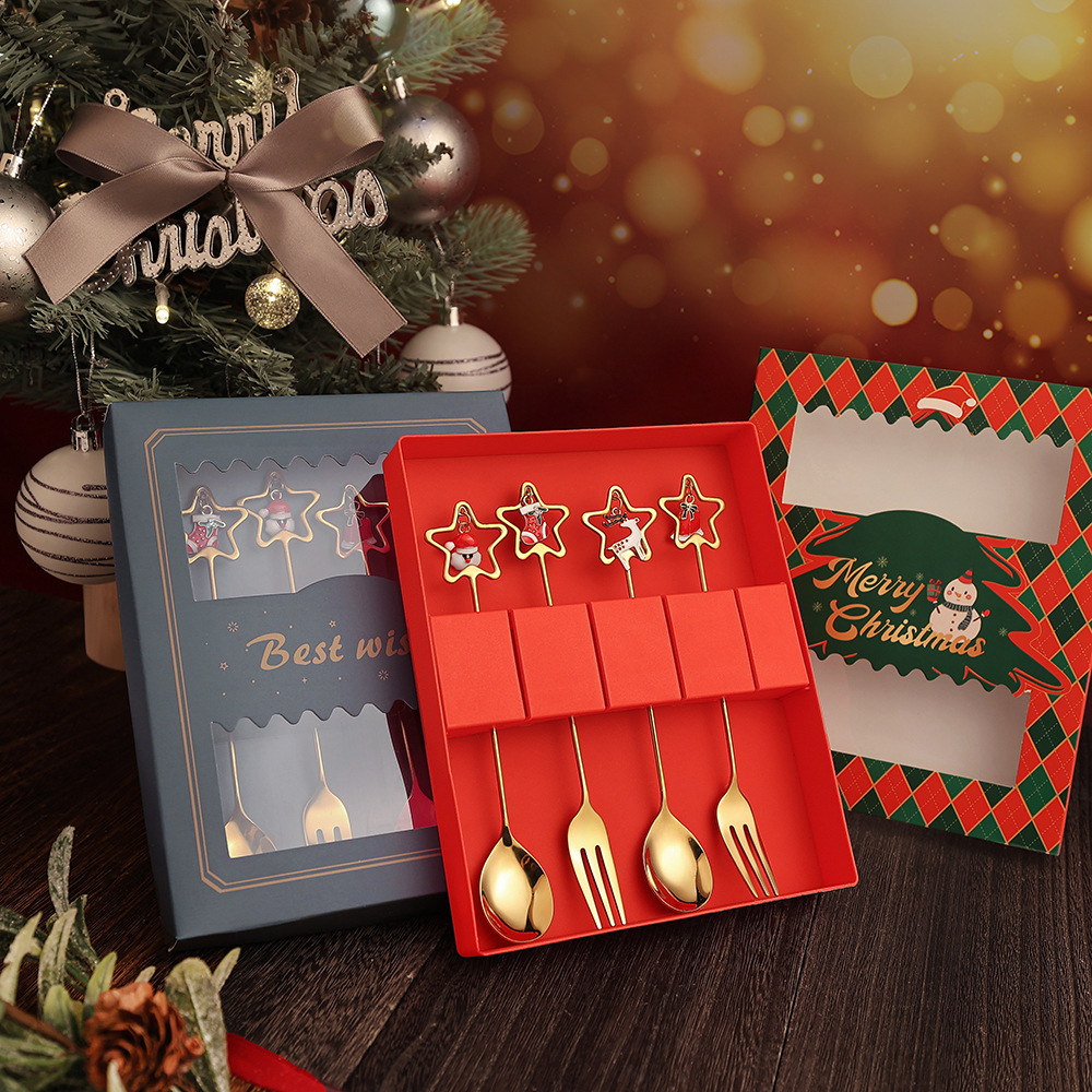 创意圣诞节礼物勺叉餐具礼盒套装卡通萌趣圣诞五角星礼物小礼品