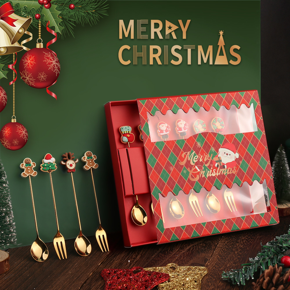创意圣诞节礼物勺叉餐具礼盒套装卡通萌趣圣诞五角星礼物小礼品