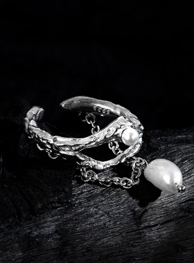 ears原创简约戒指S925纯银镂空异形食指戒女开口调节流苏珍珠指环