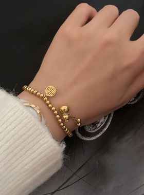 中国风ins福字流苏小葫芦吊坠弹力圆珠手链女简约钛钢不掉色手饰