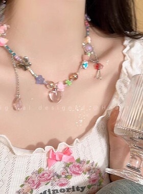 蜜桃粉夏日多巴胺爱心糖果项链女小众设计感甜酷辣妹锁骨链脖颈链