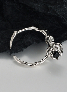 ears韩版时髦镶钻花朵食指戒S925纯银玫瑰戒指女开口可调节指环戒