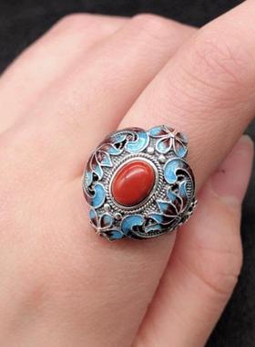 南红玛瑙烧蓝花纹仿纯银戒指女士宫廷复古做旧指环可调节开口戒子