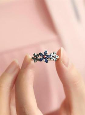 复古珐琅蓝色花朵仿纯银戒指女轻奢小众设计文艺范古风潮开口指环