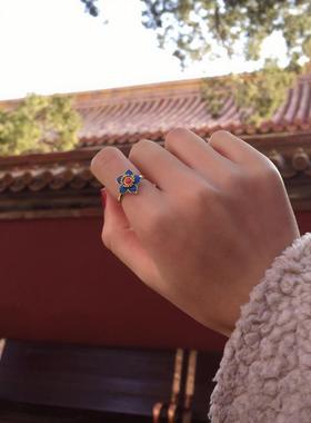 梅开复古风烧蓝非遗花丝戒指小众18k金珐琅旗袍汉服秀禾可调节
