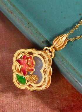 复古中国风荷花玉石吊坠银项链女旗袍饰品配饰古法金不掉色毛衣链