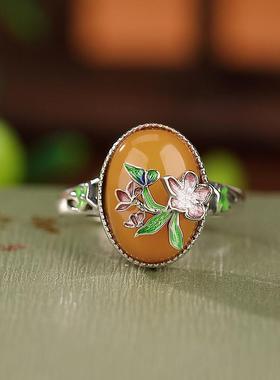 天然蜜蜡珐琅桃花戒指纯银镶琥珀蛋面指环 覆古优雅开口指女手饰