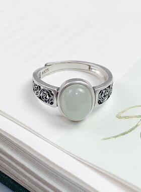 镶嵌仿天然和田白玉s925纯银戒指女宫廷文艺气质古风民族风指环