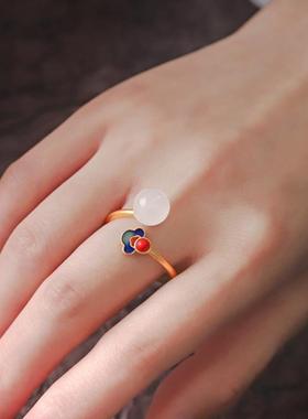 祥云仿白玉戒指中国风古法鎏金珐琅景泰蓝和田玉指环新中式配饰