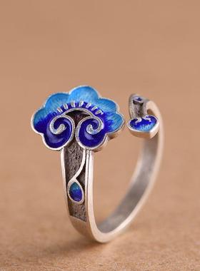 新款女士复古蓝色祥云仿如意滴油戒指宫廷风珐琅开口女士戒指