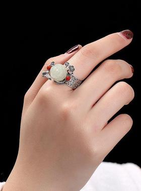 复古镶嵌古风仿S925纯银和田玉白玉南红玫瑰花戒指女开口个性指环