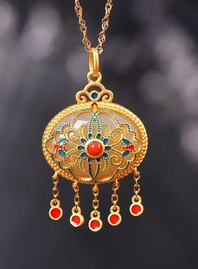 宫典国潮项链女和田玉珐琅纯银锁骨链新中式饰品送妈妈生日礼物