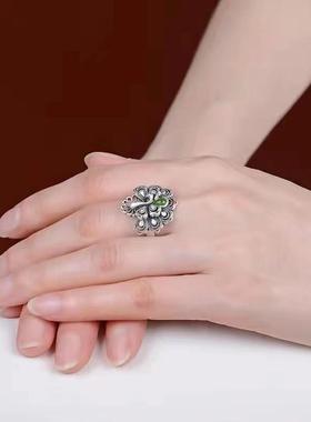 复古女性戒指生活和个性化模仿镀银自然和田碧玉优雅的凤凰戒指可