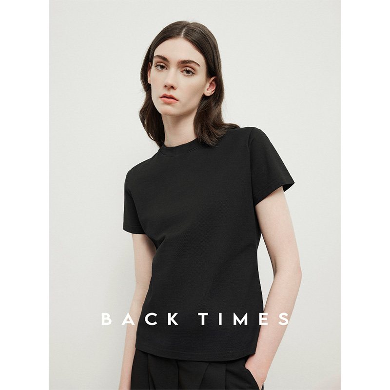 BACK TIMES初时新利落美学穿搭纯色圆领T恤正肩短袖上衣女 - 图1
