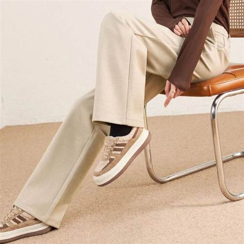 秋冬加绒女裤窄版阔腿裤女新款裤子黑色西装裤小个子加厚直筒裤女 - 图1