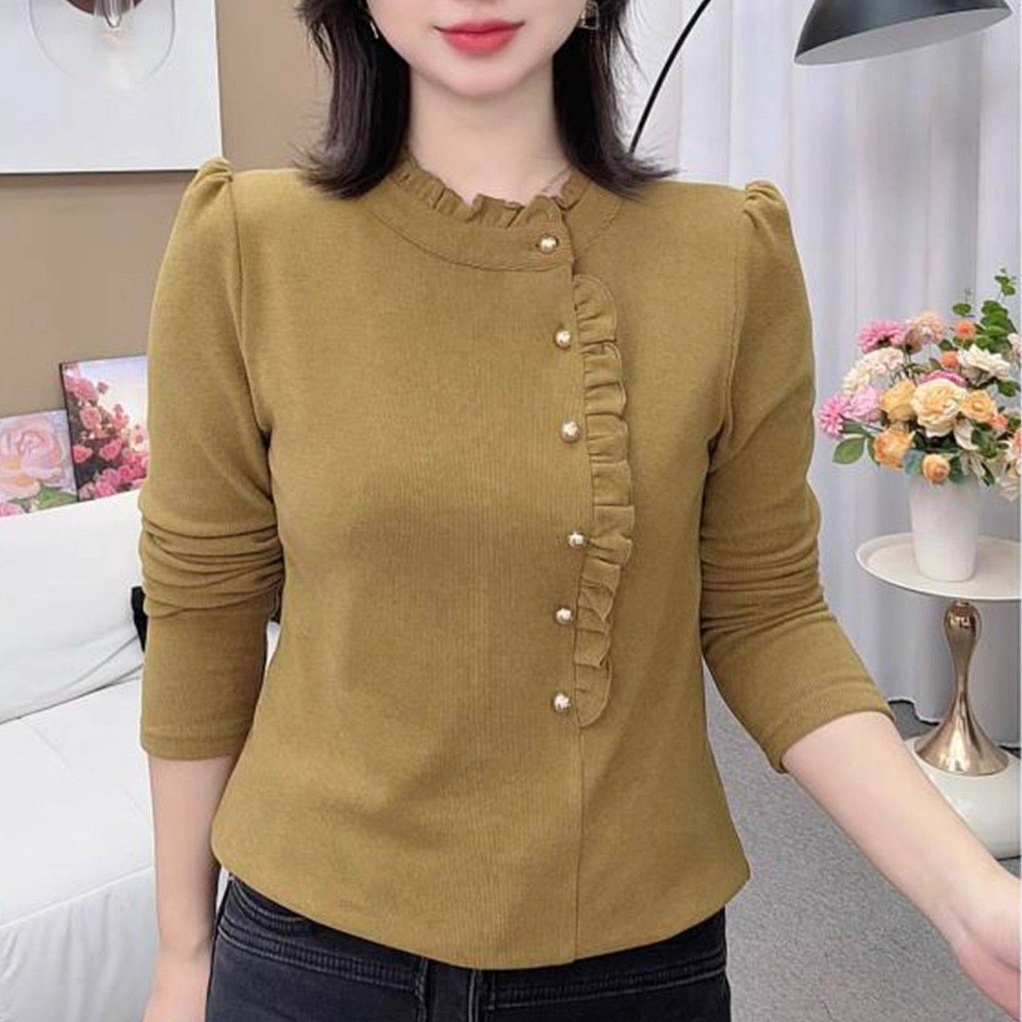 秋冬新款时尚大码女装长袖遮肚中老年妈妈装半高领纽扣木耳领上衣,淘宝优惠券,粉丝福利购,淘宝优惠卷