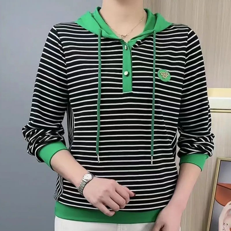 新款时尚休闲百搭显瘦t恤女条纹连帽长袖上衣大码妈妈装款女卫衣,淘宝优惠券,粉丝福利购,淘宝优惠卷