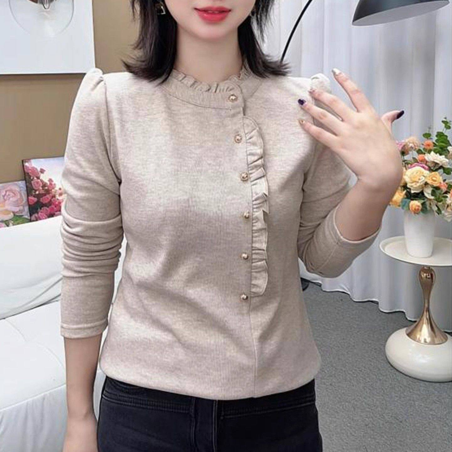 秋冬新款时尚大码女装长袖遮肚中老年妈妈装半高领纽扣木耳领上衣,淘宝优惠券,粉丝福利购,淘宝优惠卷