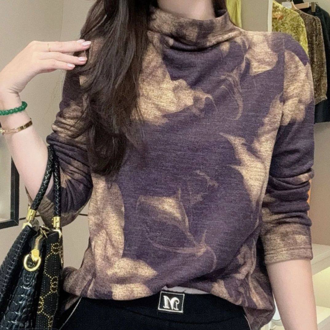 秋冬新款时尚印花洋气减龄遮肚长袖半高领打底衫中老年妈妈装上衣,淘宝优惠券,粉丝福利购,淘宝优惠卷