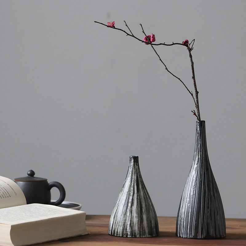 陶瓷小花瓶新中式禅意竖条纹手工花器创意客厅酒店装饰工艺品摆件 - 图0