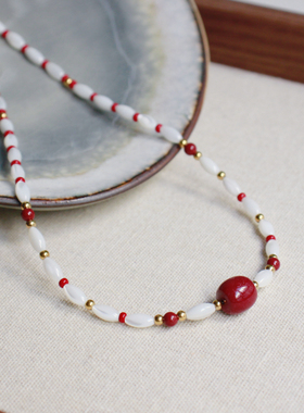 月似弓原创【朱】新中式小众气质天然朱砂项链本命年串珠锁骨链